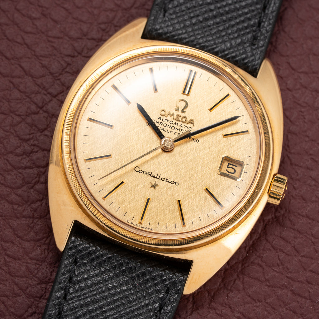 Omega Constellation C-Shape Automatic 18K Yellow Gold “OM Linen Dial” Box & Paperwork Ref. 168.017 from 1967