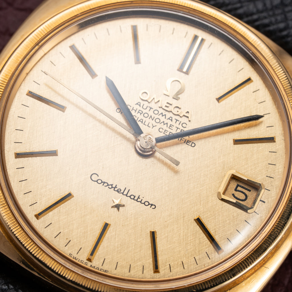 Omega Constellation C-Shape Automatic 18K Yellow Gold “OM Linen Dial” Box & Paperwork Ref. 168.017 from 1967