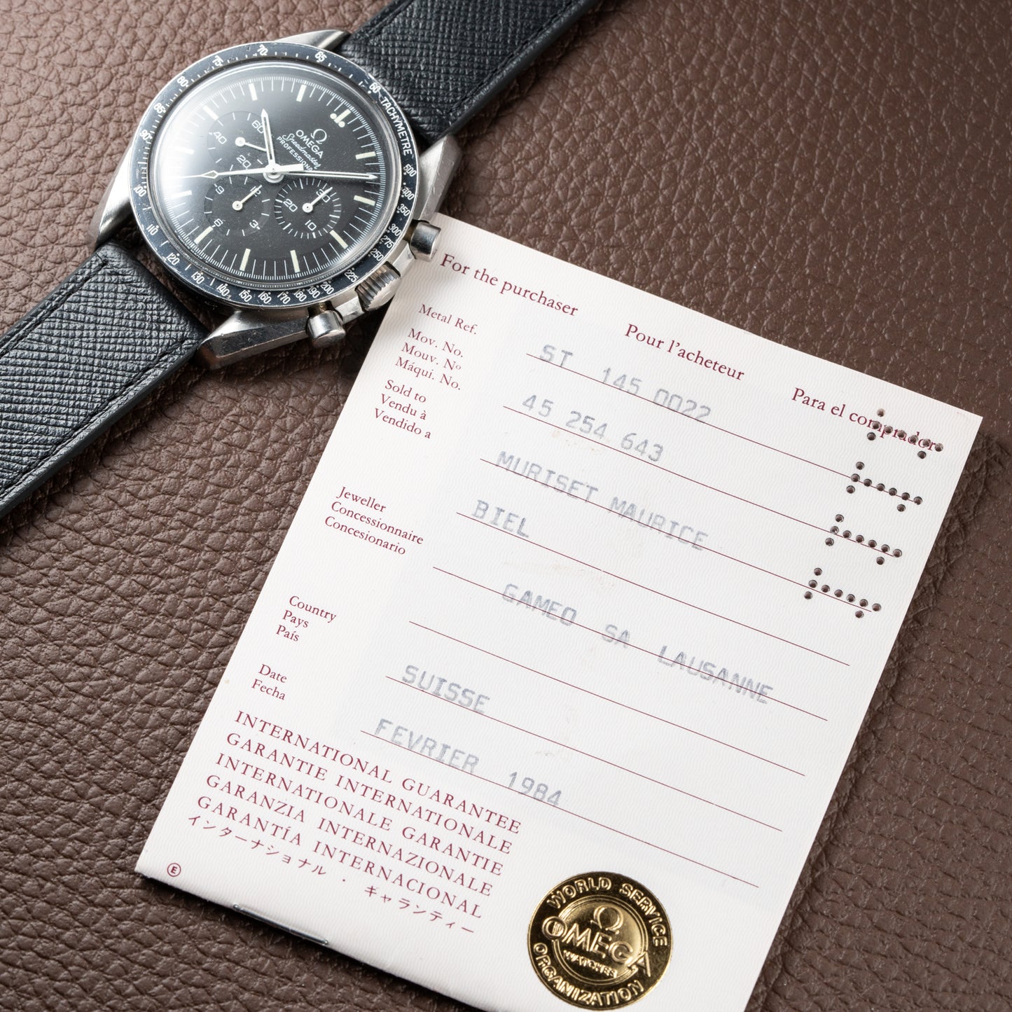 Omega Speedmaster Professional  Long S and R Moonwatch Ref 145.022 with papers from 1984
