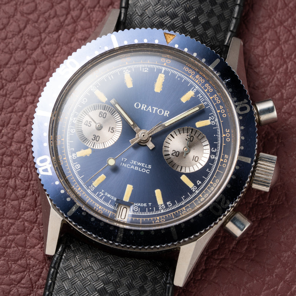Orator Aqua Long Scuba Diver Chronograph Blue 20 ATM Ref 2501 from 1960s