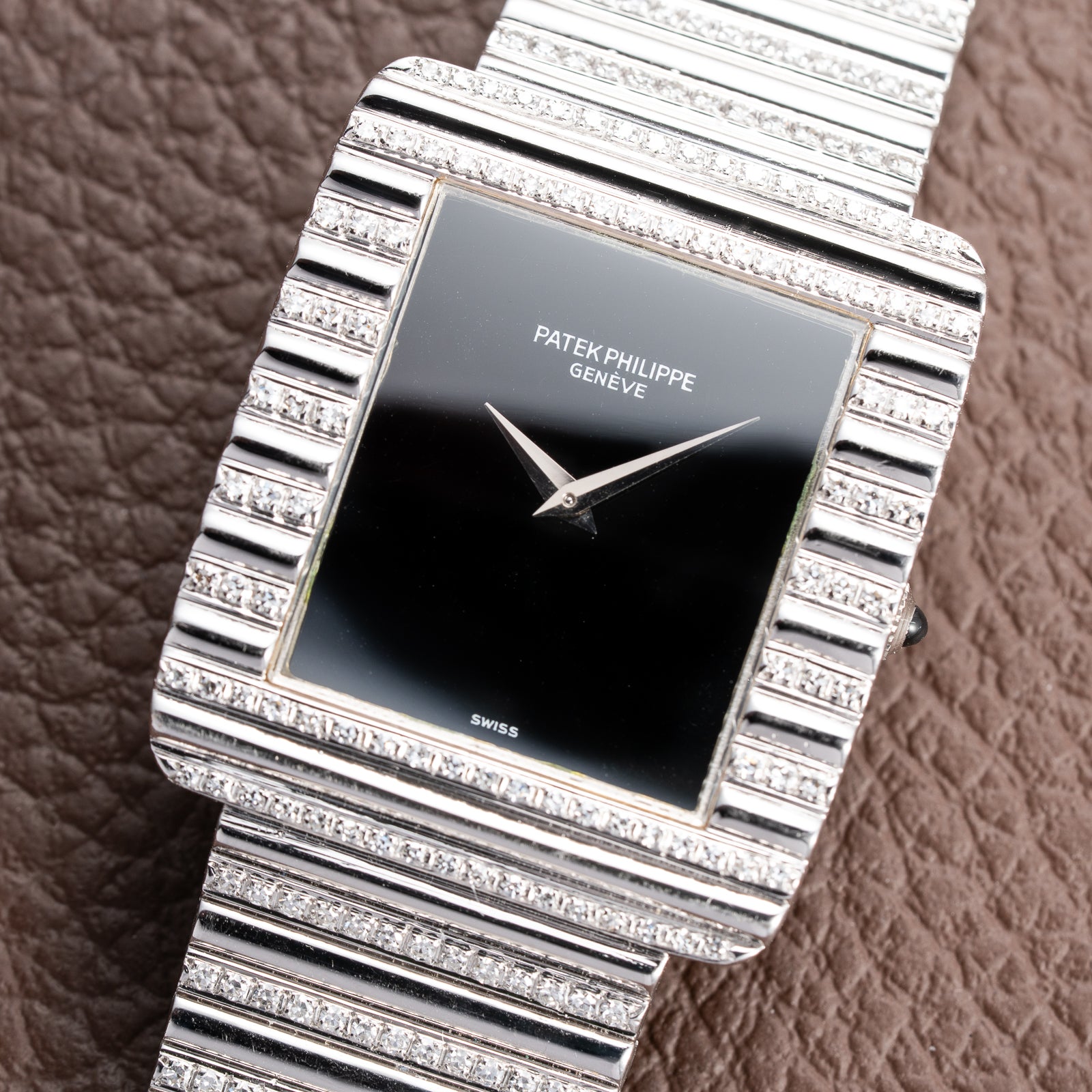 Patek Philippe Gondolo Black Onyx Stone Haute Joaillerie Diamond Case & Bracelet 18k White Gold Ref 3733 From 1970s