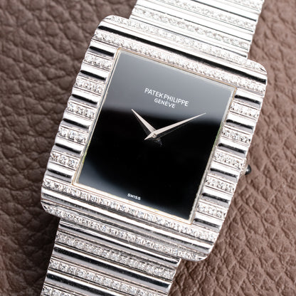 Patek Philippe Gondolo Black Onyx Stone Haute Joaillerie Diamond Case & Bracelet 18k White Gold Ref 3733 From 1970s