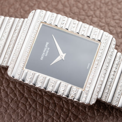 Patek Philippe Gondolo Black Onyx Stone Haute Joaillerie Diamond Case & Bracelet 18k White Gold Ref 3733 From 1970s