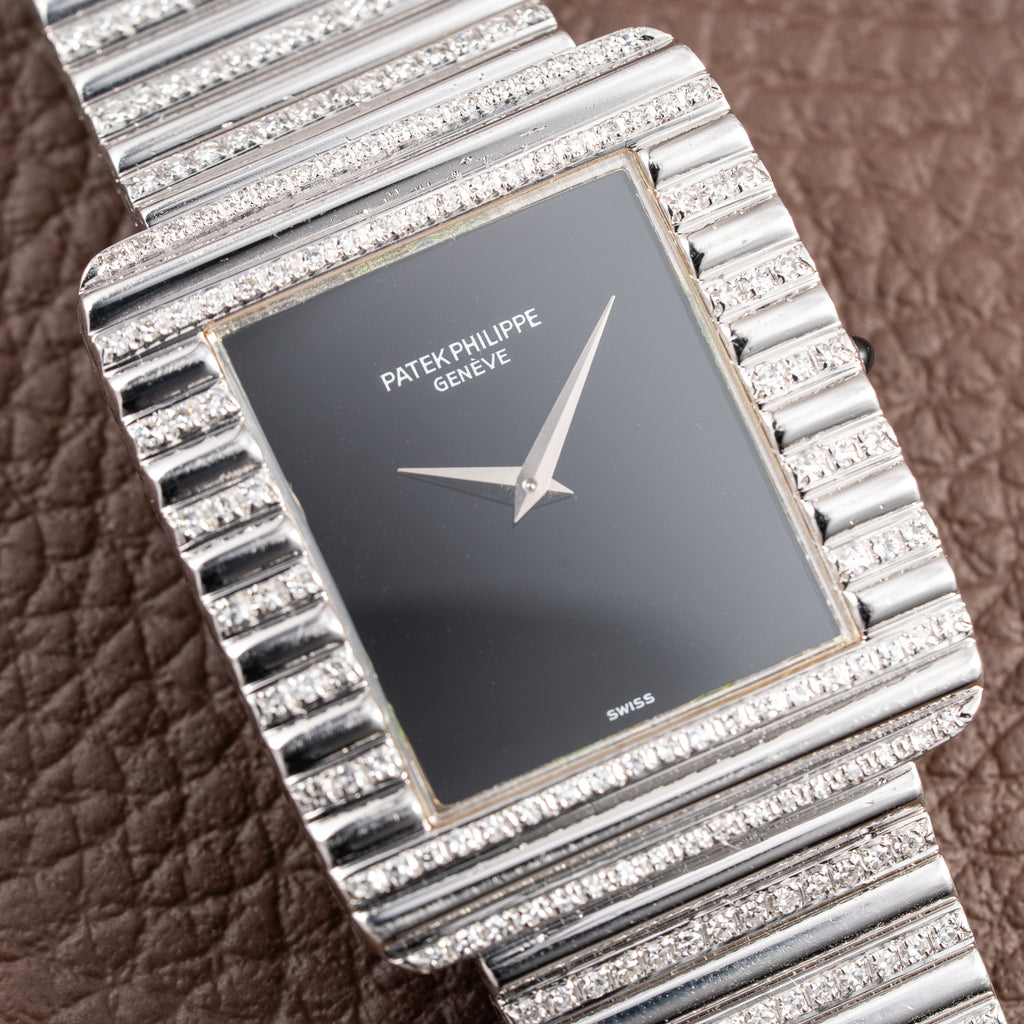 Patek Philippe Gondolo Black Onyx Stone Haute Joaillerie Diamond Case & Bracelet 18k White Gold Ref 3733 From 1970s