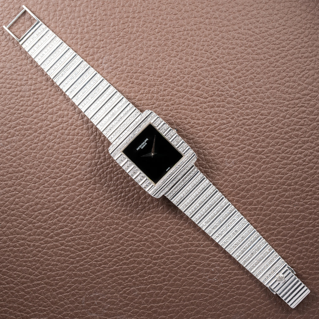 Patek Philippe Gondolo Black Onyx Stone Haute Joaillerie Diamond Case & Bracelet 18k White Gold Ref 3733 From 1970s