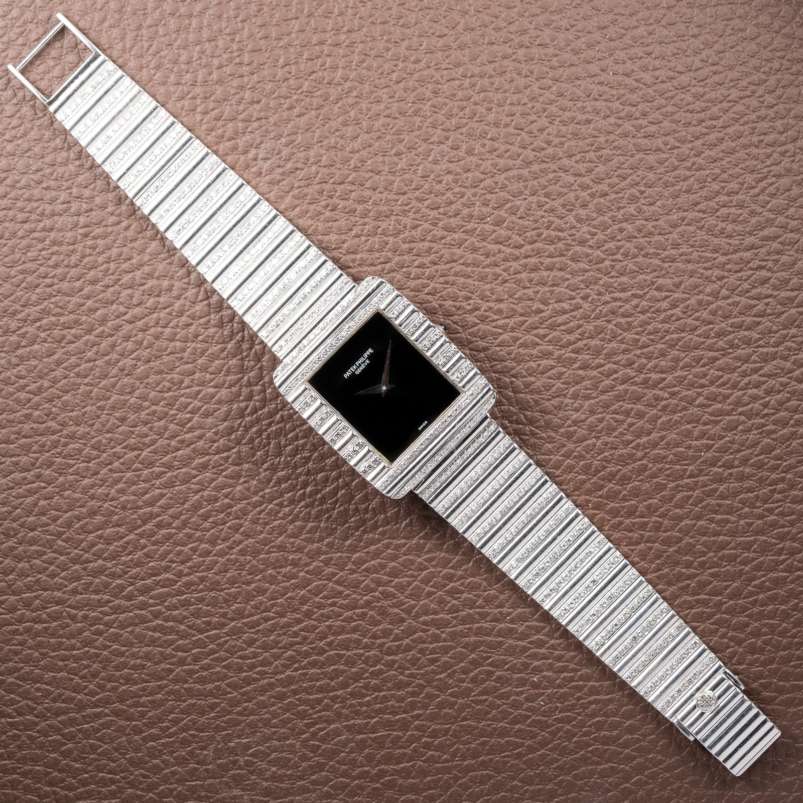 Patek Philippe Gondolo Black Onyx Stone Haute Joaillerie Diamond Case & Bracelet 18k White Gold Ref 3733 From 1970s