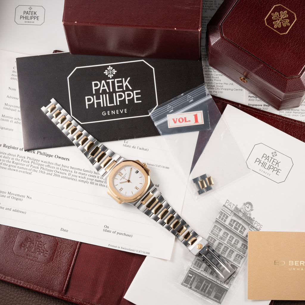 Patek Philippe Nautilus Gold/Steel White Cream Ceramic Sigma Dial Ref 3800 from 1980s