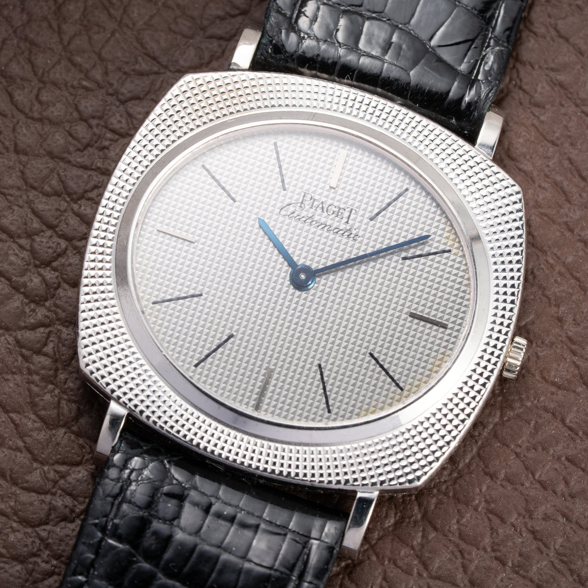 Piaget Automatic Extra Plat Clous de Paris Hobnail 18k White Gold Cal 12P Micro Rotor Ref 12448 from 1970s