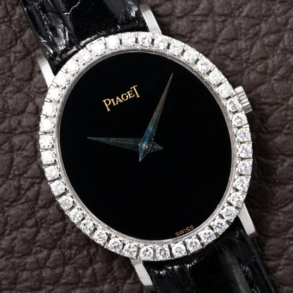 Piaget Oval Ellipse Onyx Black Dial Factory Diamond Bezel 18K White Gold Ref. 9826 from 1970s