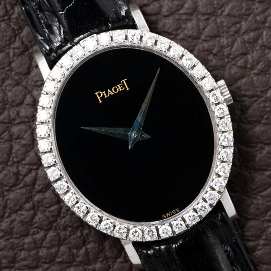 Piaget Oval Ellipse Onyx Black Dial Factory Diamond Bezel 18K White Gold Ref. 9826 from 1970s