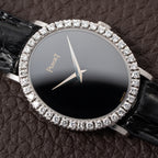 Piaget Oval Ellipse Onyx Black Dial Factory Diamond Bezel 18K White Gold Ref. 9826 from 1970s
