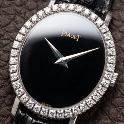 Piaget Oval Ellipse Onyx Black Dial Factory Diamond Bezel 18K White Gold Ref. 9826 from 1970s