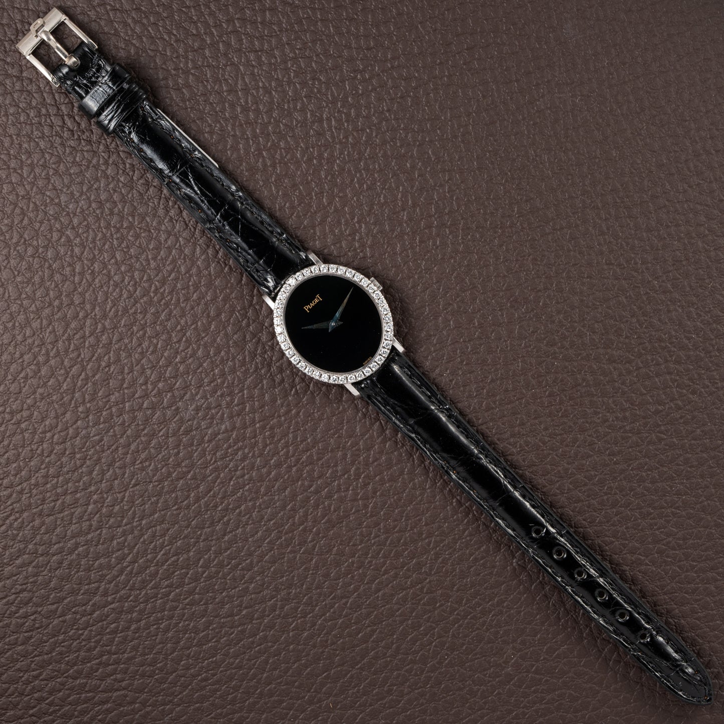 Piaget Oval Ellipse Onyx Black Dial Factory Diamond Bezel 18K White Gold Ref. 9826 from 1970s