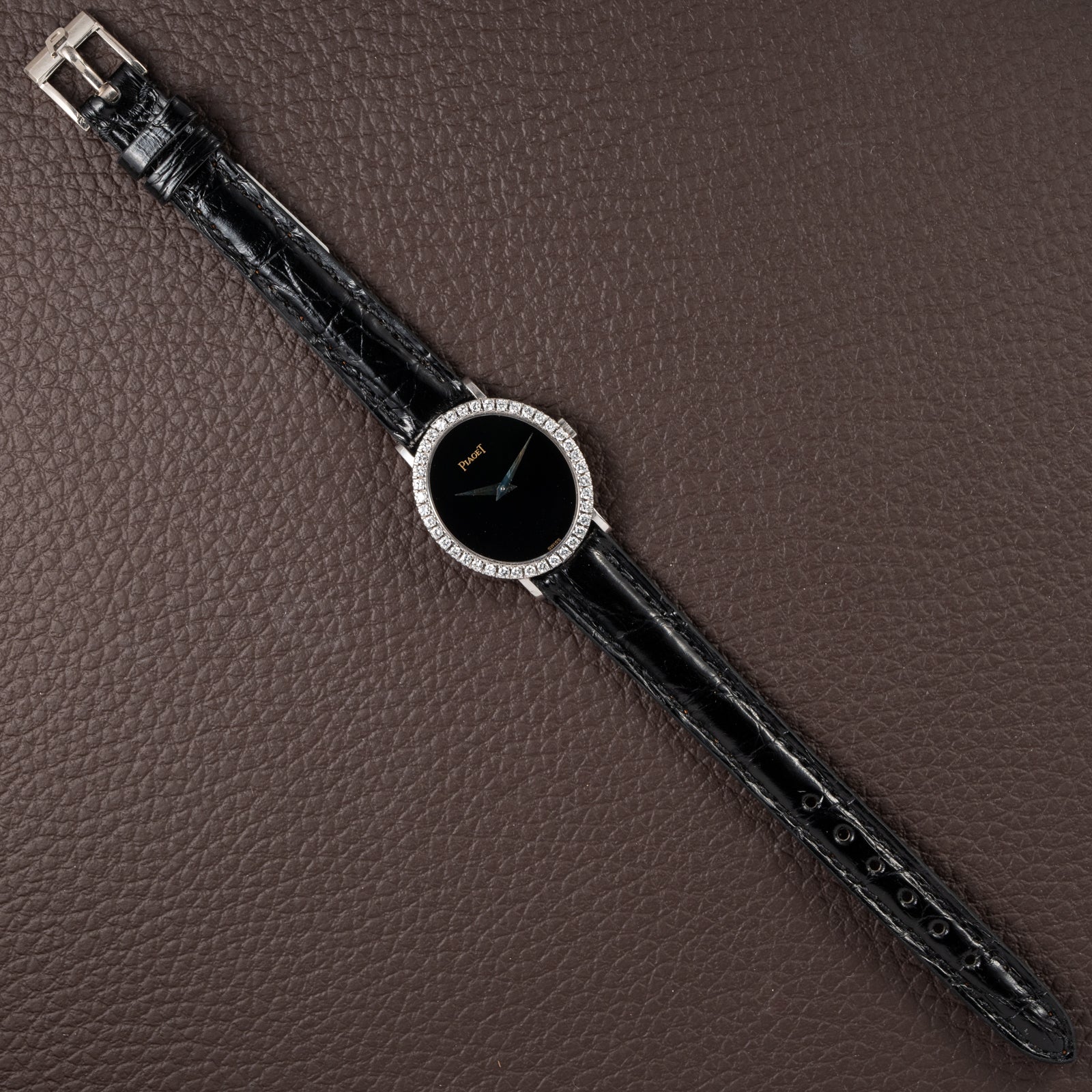 Piaget Oval Ellipse Onyx Black Dial Factory Diamond Bezel 18K White Gold Ref. 9826 from 1970s