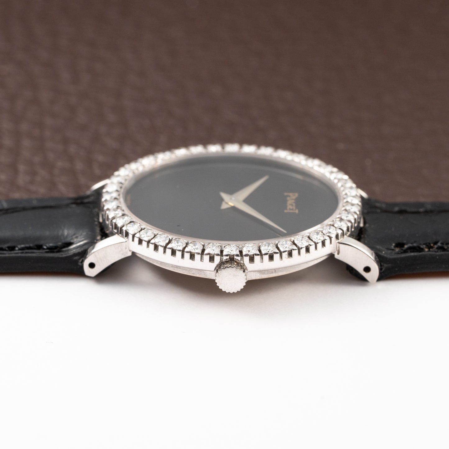 Piaget Oval Ellipse Onyx Black Dial Factory Diamond Bezel 18K White Gold Ref. 9826 from 1970s