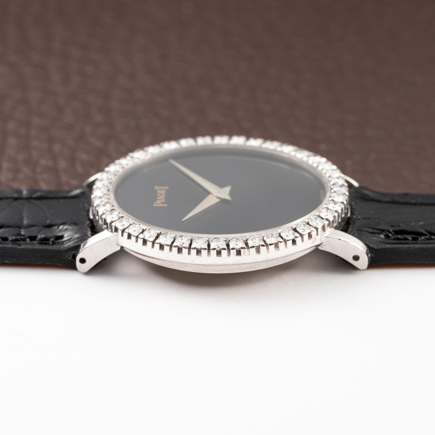Piaget Oval Ellipse Onyx Black Dial Factory Diamond Bezel 18K White Gold Ref. 9826 from 1970s
