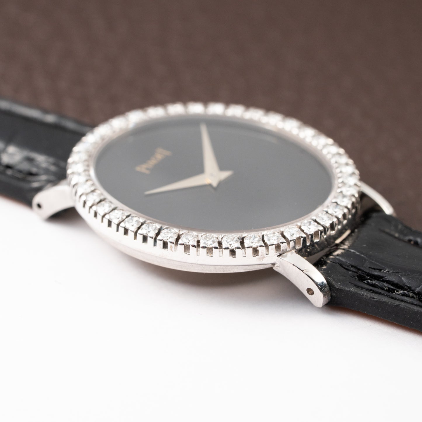 Piaget Oval Ellipse Onyx Black Dial Factory Diamond Bezel 18K White Gold Ref. 9826 from 1970s