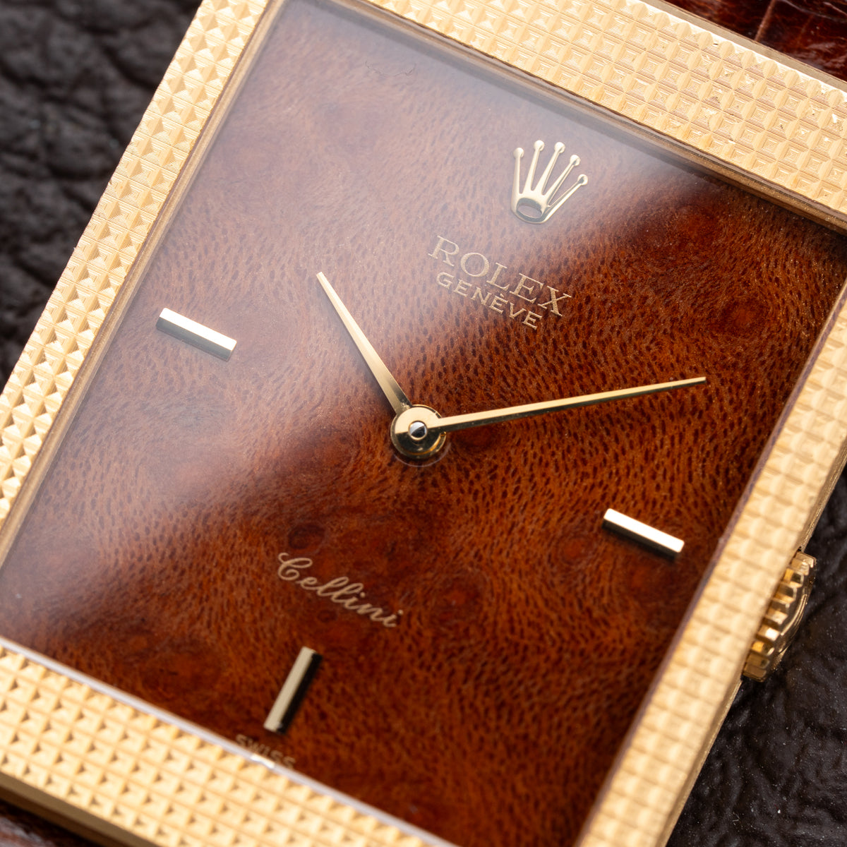 Rolex Cellini Tank Wood Dial 18K Yellow Gold Clous de Paris Ref. 4127 from 1990