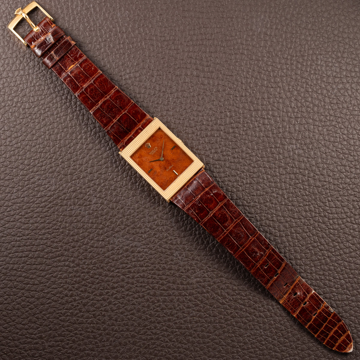 Rolex Cellini Tank Wood Dial 18K Yellow Gold Clous de Paris Ref. 4127 from 1990