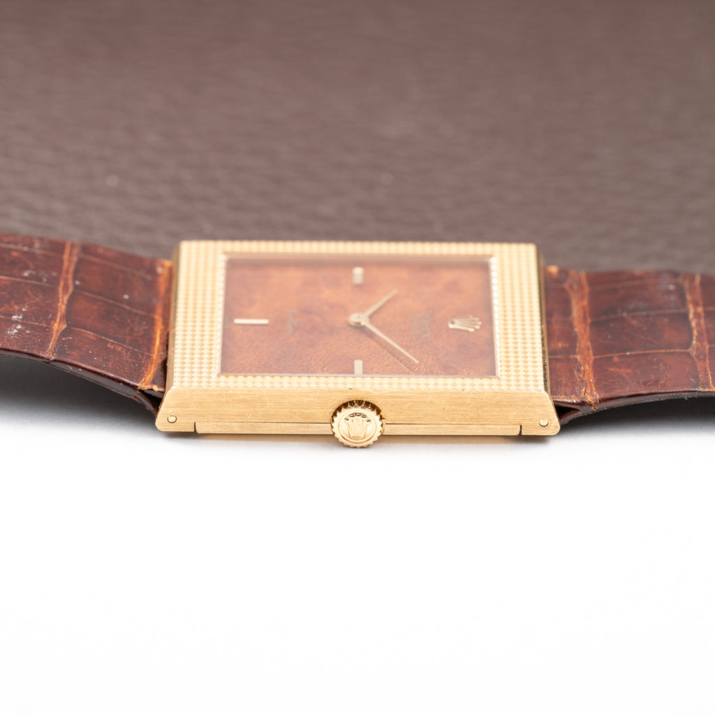 Rolex Cellini Tank Wood Dial 18K Yellow Gold Clous de Paris Ref. 4127 from 1990