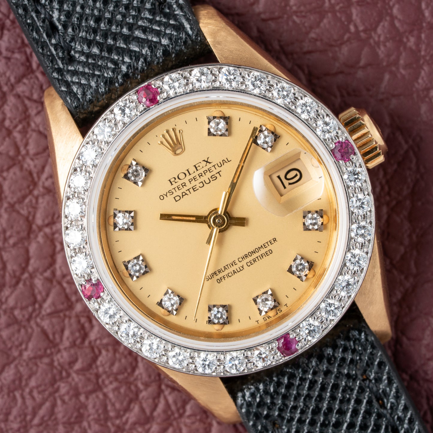 Rolex Datejust 26 Factory Diamond Dial AM Diamond Ruby Bezel 18k Gold Ref 69178 from 1983
