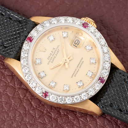 Rolex Datejust 26 Factory Diamond Dial AM Diamond Ruby Bezel 18k Gold Ref 69178 from 1983