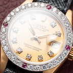 Rolex Datejust 26 Factory Diamond Dial AM Diamond Ruby Bezel 18k Gold Ref 69178 from 1983
