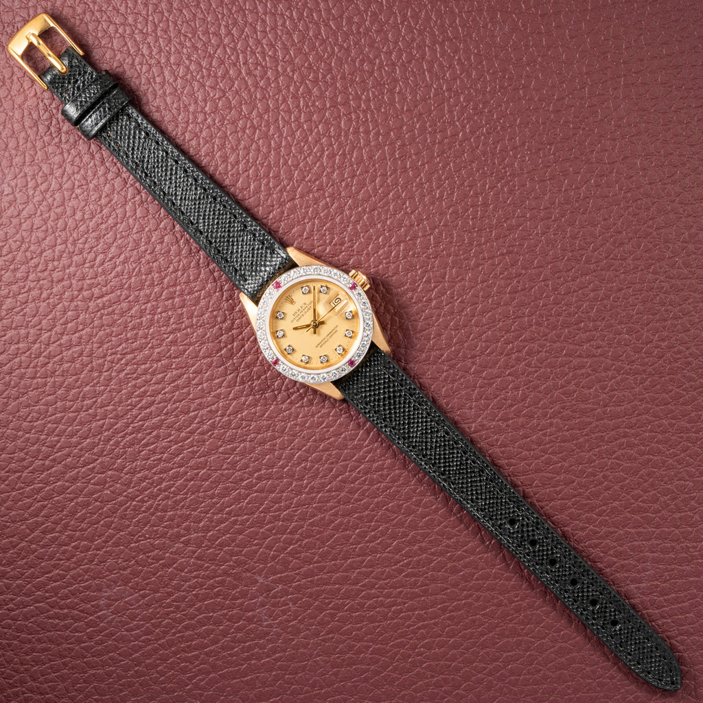 Rolex Datejust 26 Factory Diamond Dial AM Diamond Ruby Bezel 18k Gold Ref 69178 from 1983