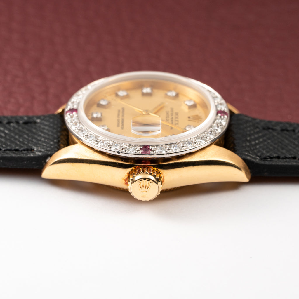 Rolex Datejust 26 Factory Diamond Dial AM Diamond Ruby Bezel 18k Gold Ref 69178 from 1983