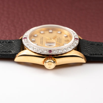 Rolex Datejust 26 Factory Diamond Dial AM Diamond Ruby Bezel 18k Gold Ref 69178 from 1983
