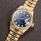 Rolex Lady-Datejust Blue Diamond Dial President Bracelet 18k Yellow Gold Full Set Ref. 69178 From 1985