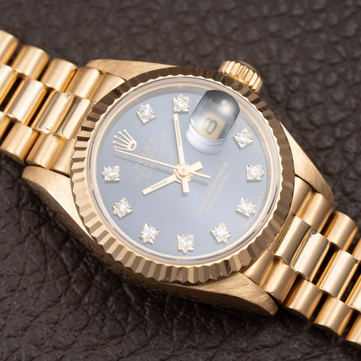 Rolex Lady-Datejust Blue Diamond Dial President Bracelet 18k Yellow Gold Full Set Ref. 69178 From 1985