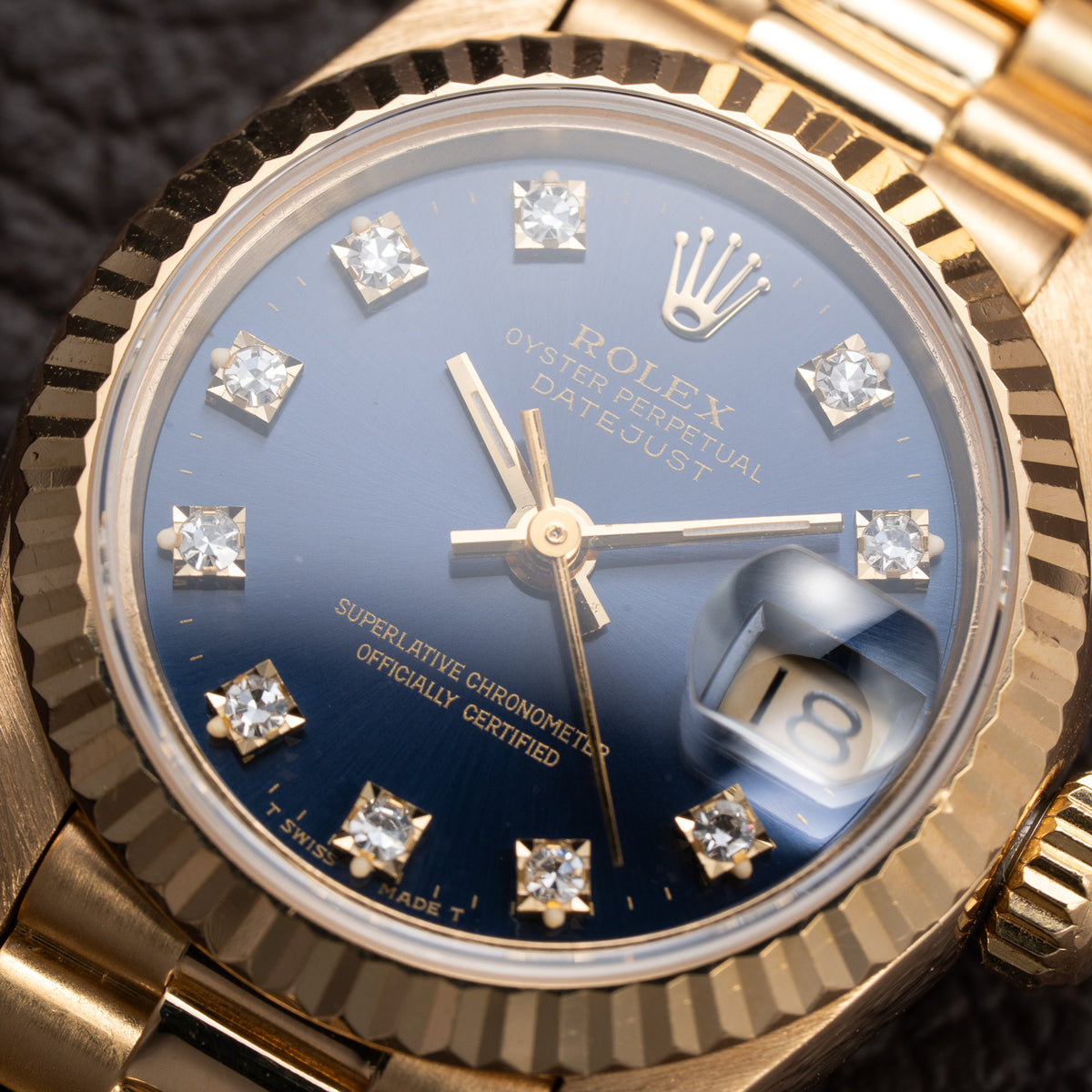 Rolex Lady-Datejust Blue Diamond Dial President Bracelet 18k Yellow Gold Full Set Ref. 69178 From 1985