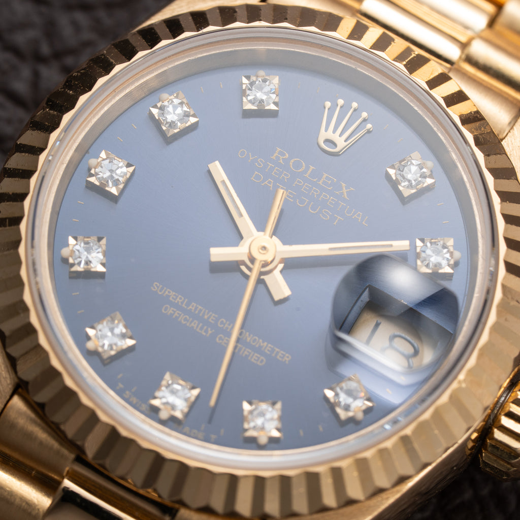 Rolex Lady-Datejust Blue Diamond Dial President Bracelet 18k Yellow Gold Full Set Ref. 69178 From 1985