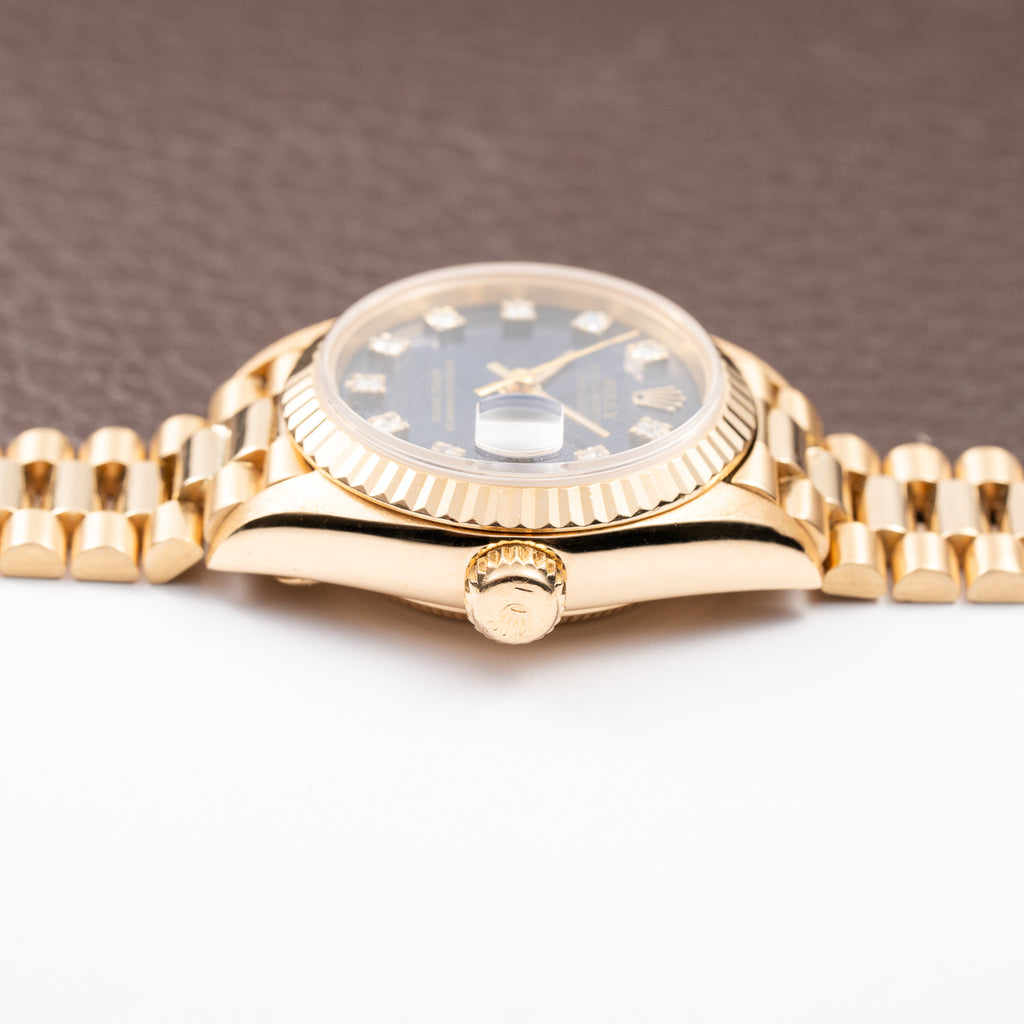 Rolex Lady-Datejust Blue Diamond Dial President Bracelet 18k Yellow Gold Full Set Ref. 69178 From 1985