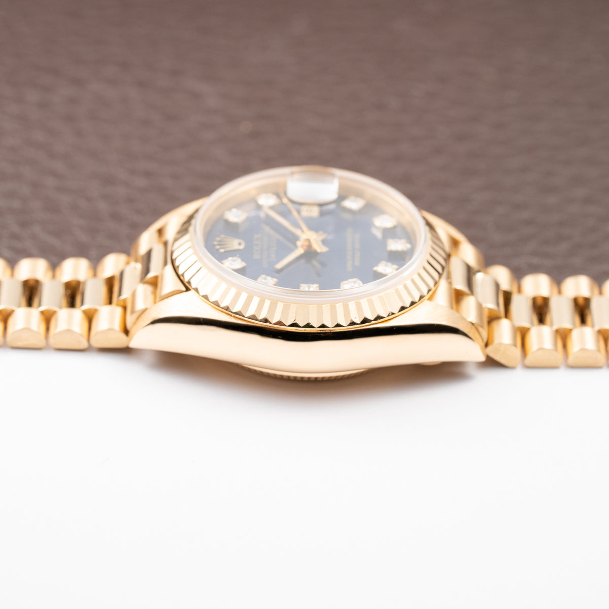 Rolex Lady-Datejust Blue Diamond Dial President Bracelet 18k Yellow Gold Full Set Ref. 69178 From 1985