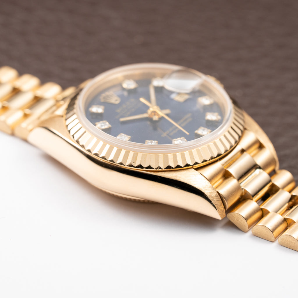 Rolex Lady-Datejust Blue Diamond Dial President Bracelet 18k Yellow Gold Full Set Ref. 69178 From 1985