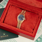 Rolex Lady-Datejust Blue Diamond Dial President Bracelet 18k Yellow Gold Full Set Ref. 69178 From 1985