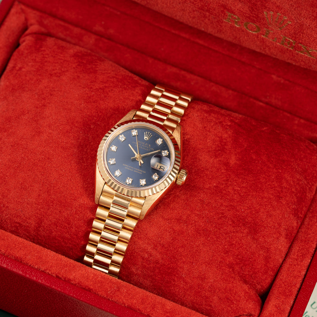 Rolex Lady-Datejust Blue Diamond Dial President Bracelet 18k Yellow Gold Full Set Ref. 69178 From 1985