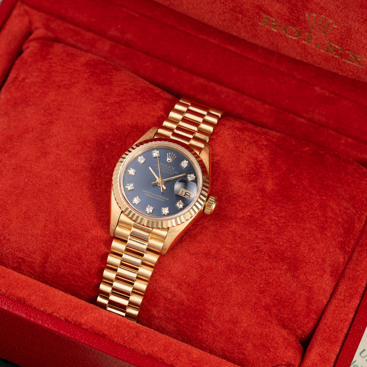 Rolex Lady-Datejust Blue Diamond Dial President Bracelet 18k Yellow Gold Full Set Ref. 69178 From 1985