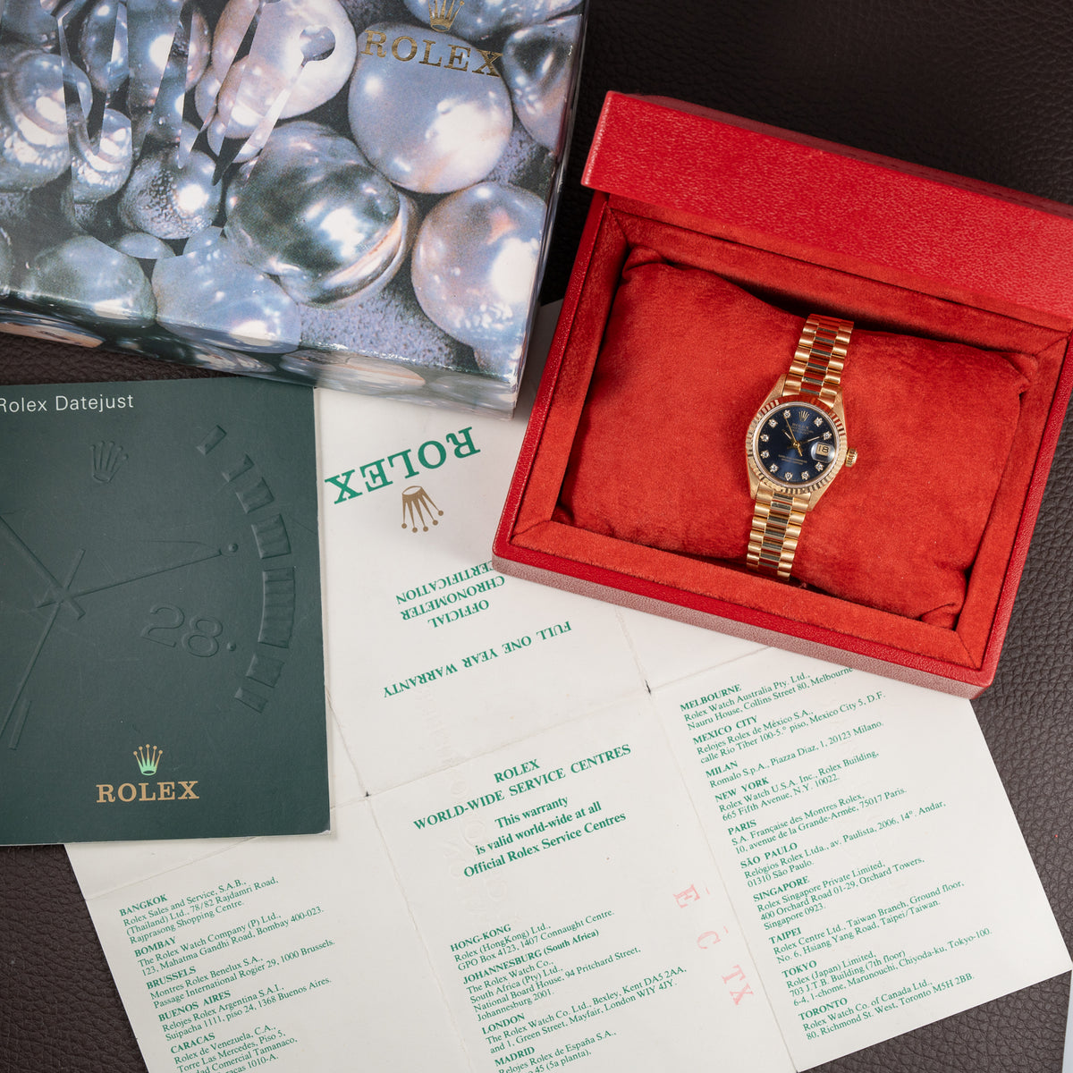 Rolex Lady-Datejust Blue Diamond Dial President Bracelet 18k Yellow Gold Full Set Ref. 69178 From 1985