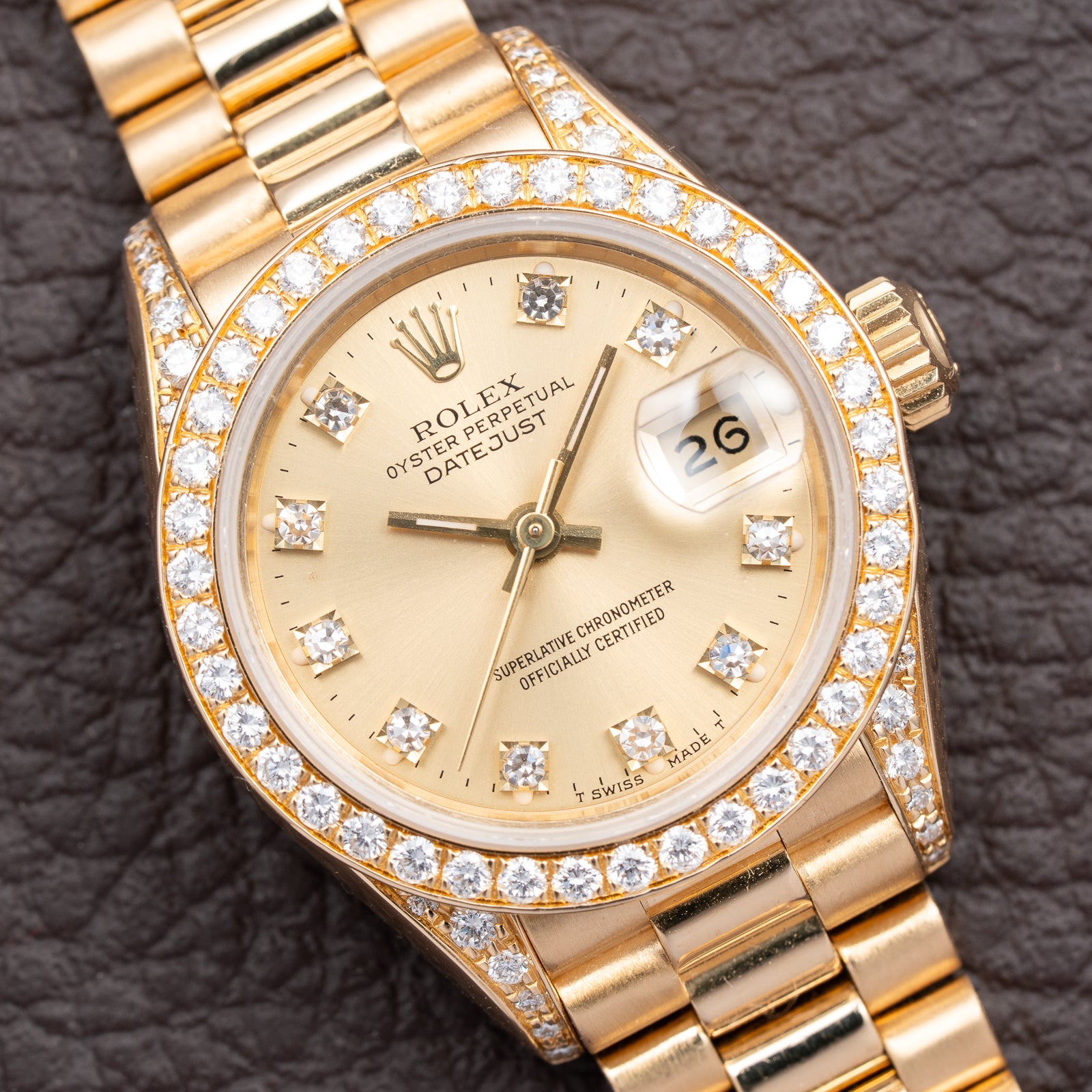 Rolex Lady-Datejust 26 Factory Diamond Dial, Bezel & Lugs  18K Yellow Gold Ref 69158 from 1989