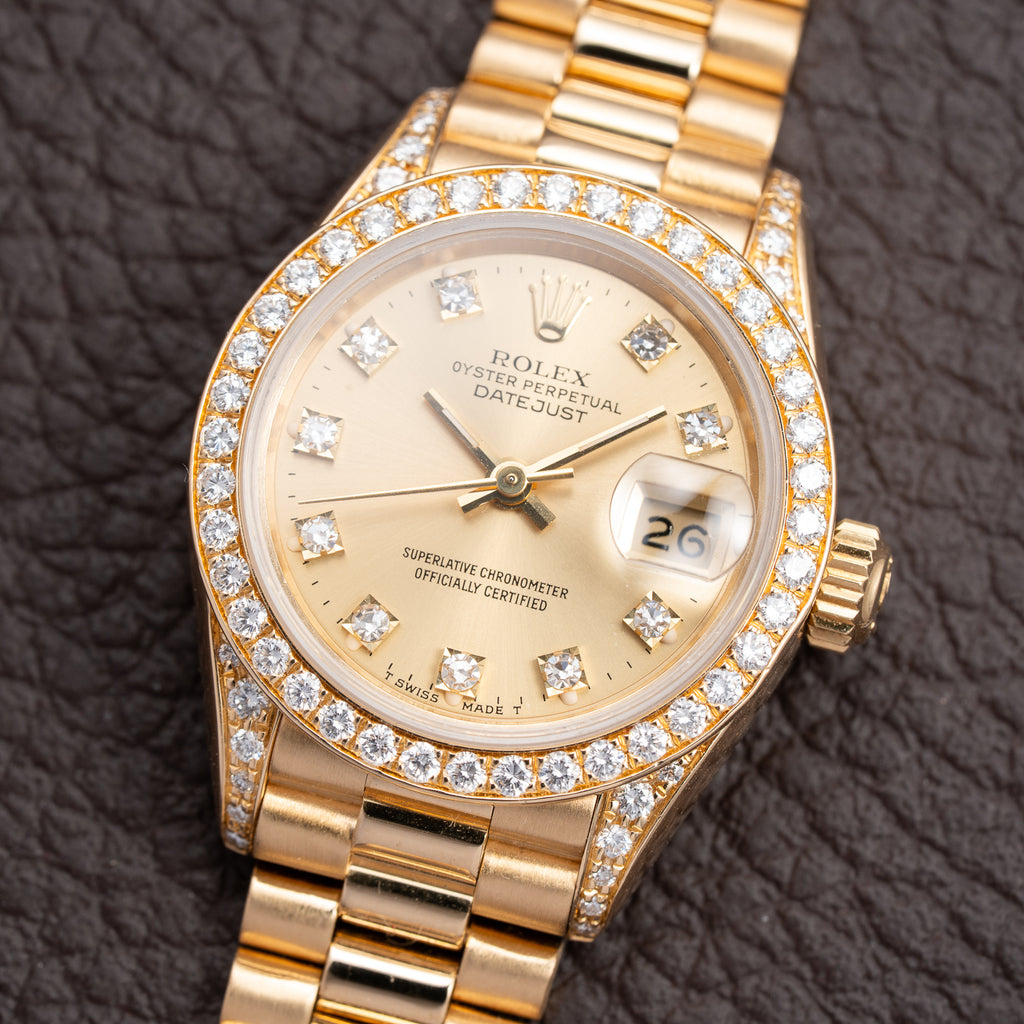 Rolex Lady-Datejust 26 Factory Diamond Dial, Bezel & Lugs  18K Yellow Gold Ref 69158 from 1989