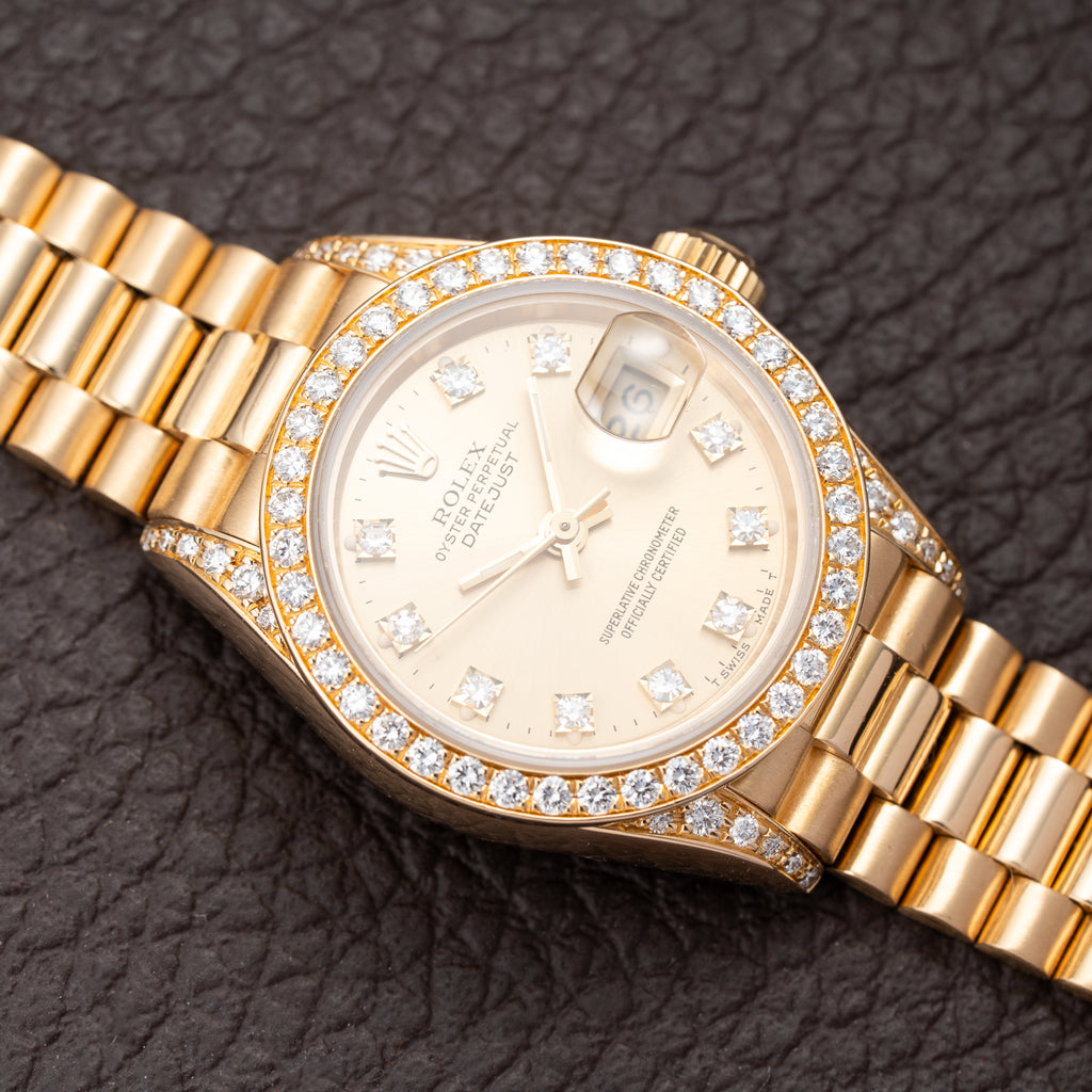 Rolex Lady-Datejust 26 Factory Diamond Dial, Bezel & Lugs  18K Yellow Gold Ref 69158 from 1989