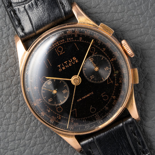 Titus Genève Non Magnetic Black Gilt Dial Rosé Gold 18K Oversized 1940s