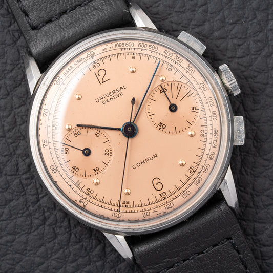 Universal Genève Compax Pink Salmon Dial Steel Fancy Lugs Calibre 285 Ref 22458 from 1940s