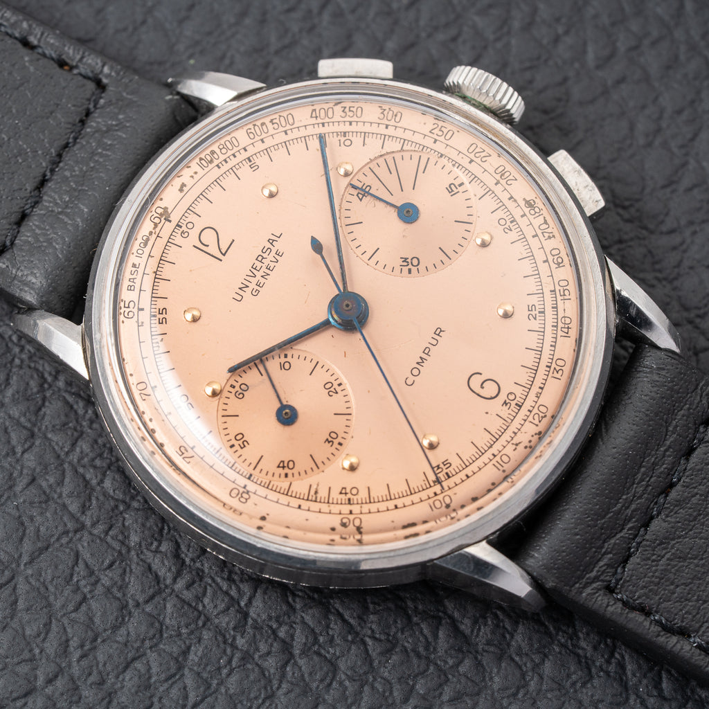 Universal Genève Compax Pink Salmon Dial Steel Fancy Lugs Calibre 285 Ref 22458 from 1940s