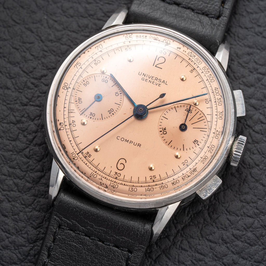 Universal Genève Compax Pink Salmon Dial Steel Fancy Lugs Calibre 285 Ref 22458 from 1940s