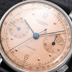 Universal Genève Compax Pink Salmon Dial Steel Fancy Lugs Calibre 285 Ref 22458 from 1940s