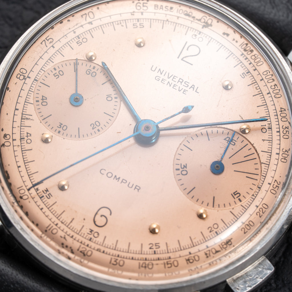 Universal Genève Compax Pink Salmon Dial Steel Fancy Lugs Calibre 285 Ref 22458 from 1940s